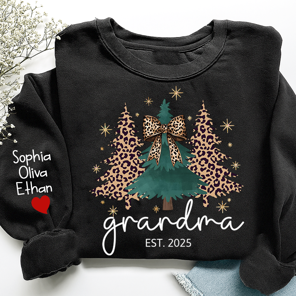 Christmas Sweater Printed with Personalized Name, Leopard Christmas Tree Personalized Gift for Grandma