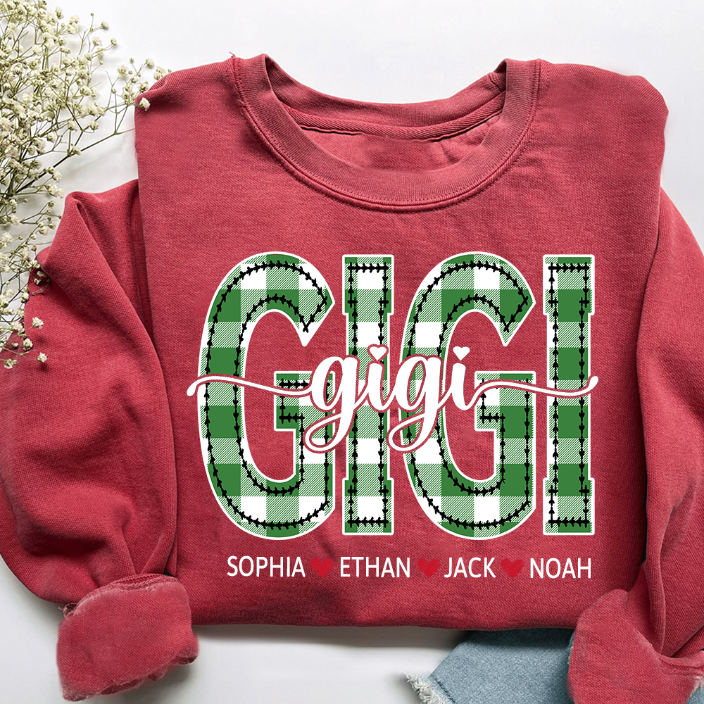 Personalized Gigi Sweatshirt, Custom Green Plaid Letters Shirt with Grandkids Names
