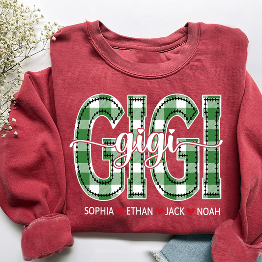 Personalized Gigi Sweatshirt, Custom Green Plaid Letters Shirt with Grandkids Names