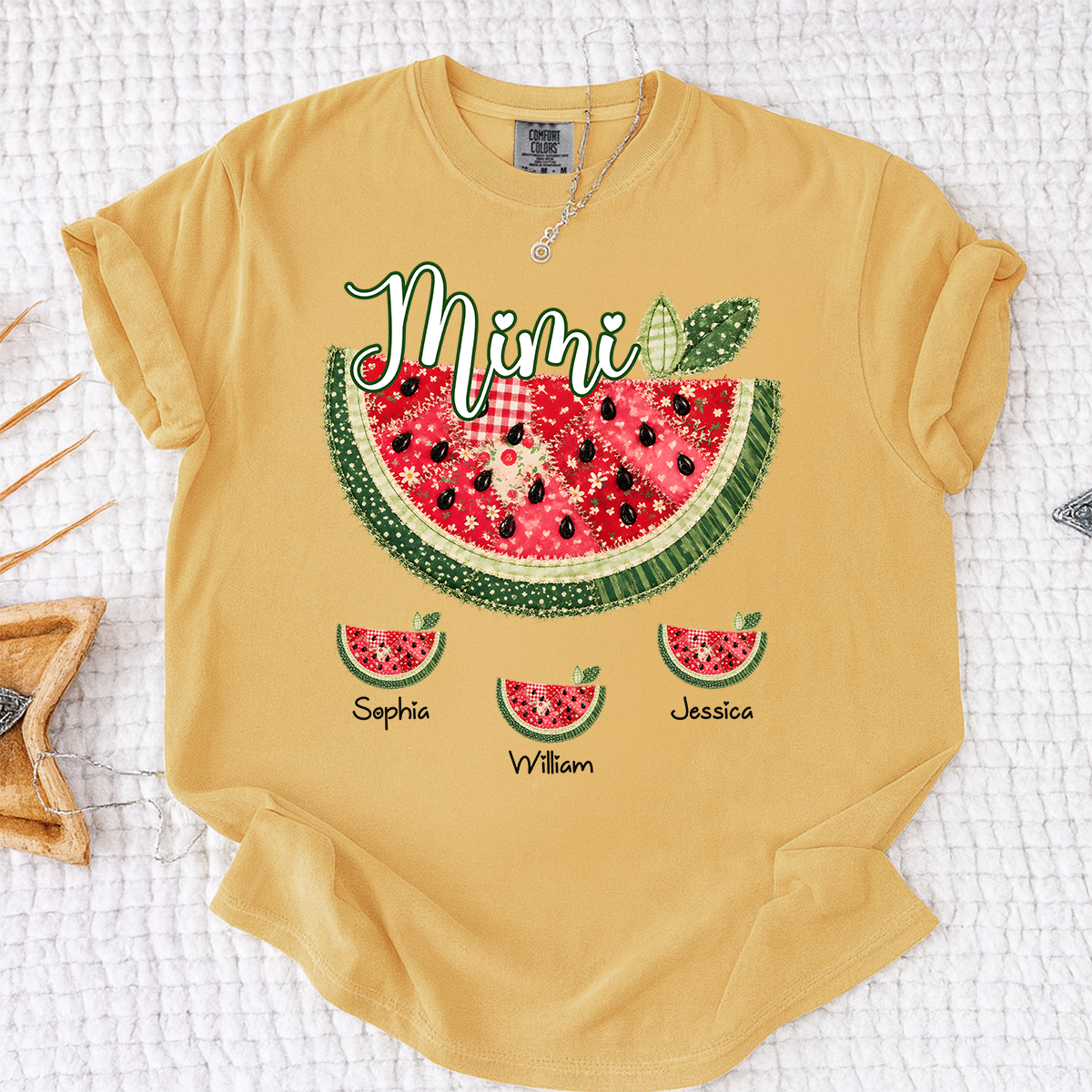 Comfort Colors Custom Mimi Watermelon Patchwork Tee, Personalized Grandma Shirt with Kids Names, Summer Vacation Family Gift for Women