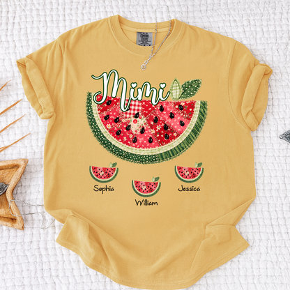 Comfort Colors Custom Mimi Watermelon Patchwork Tee, Personalized Grandma Shirt with Kids Names, Summer Vacation Family Gift for Women