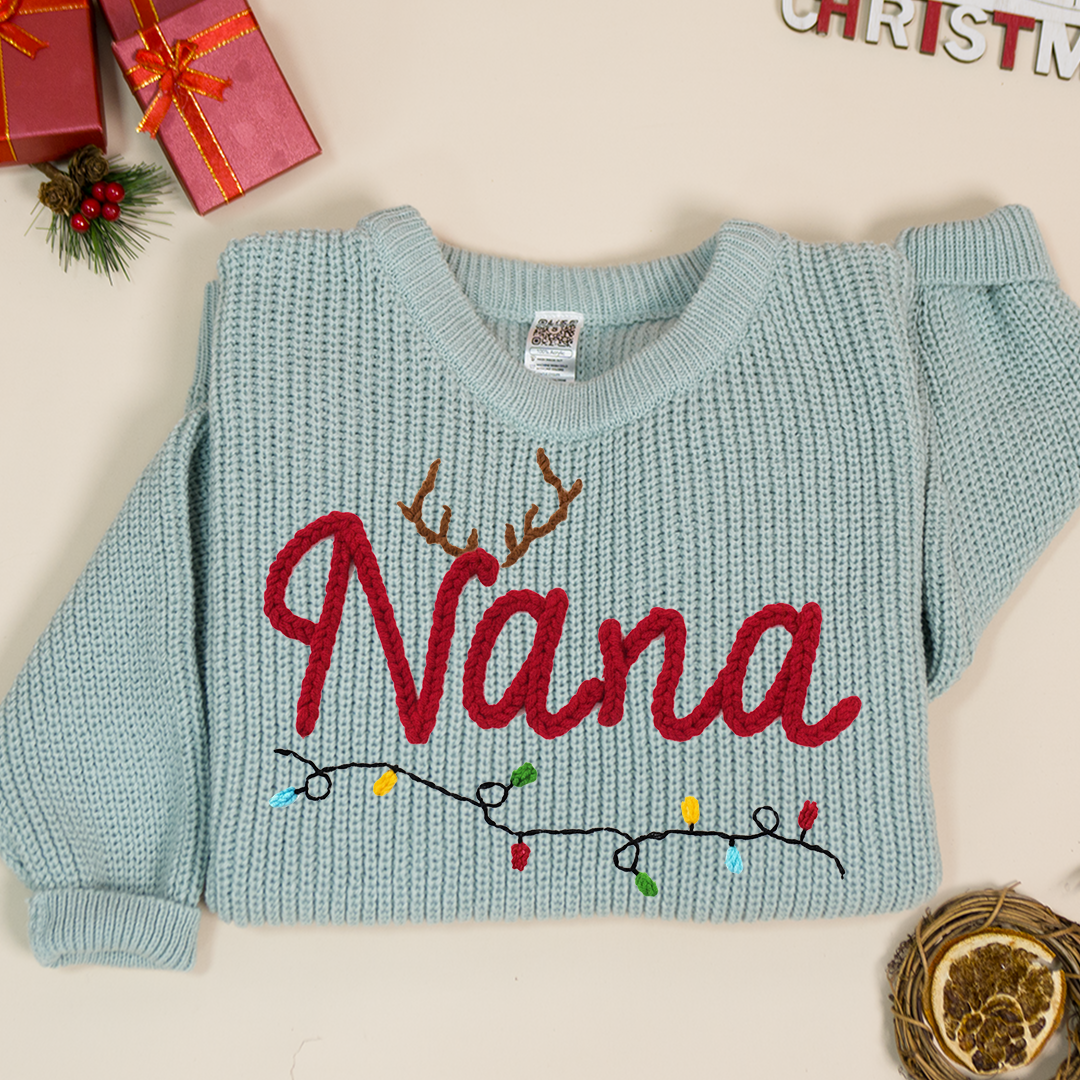 Personalized Nana Hand-Embroidered Sweater, Cozy Christmas Knit Pullover, Unique Holiday Gift for Grandmas and Family