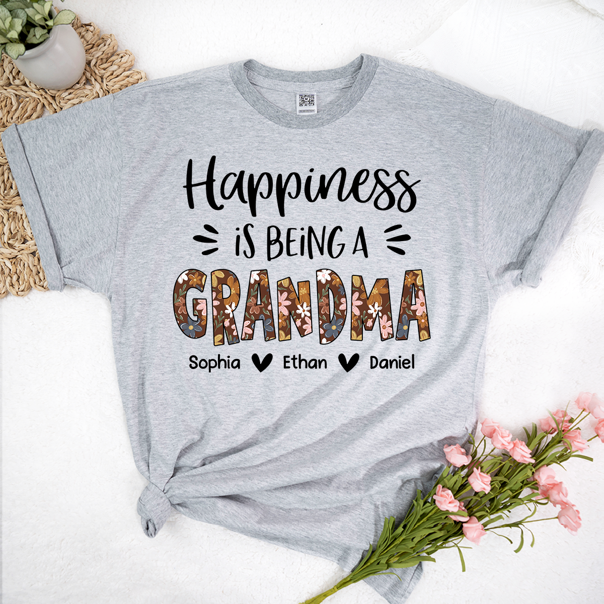 Happiness Is Being a Grandma Shirt, Floral Pattern Grandma Tee, Personalized Name Gift for Grandma