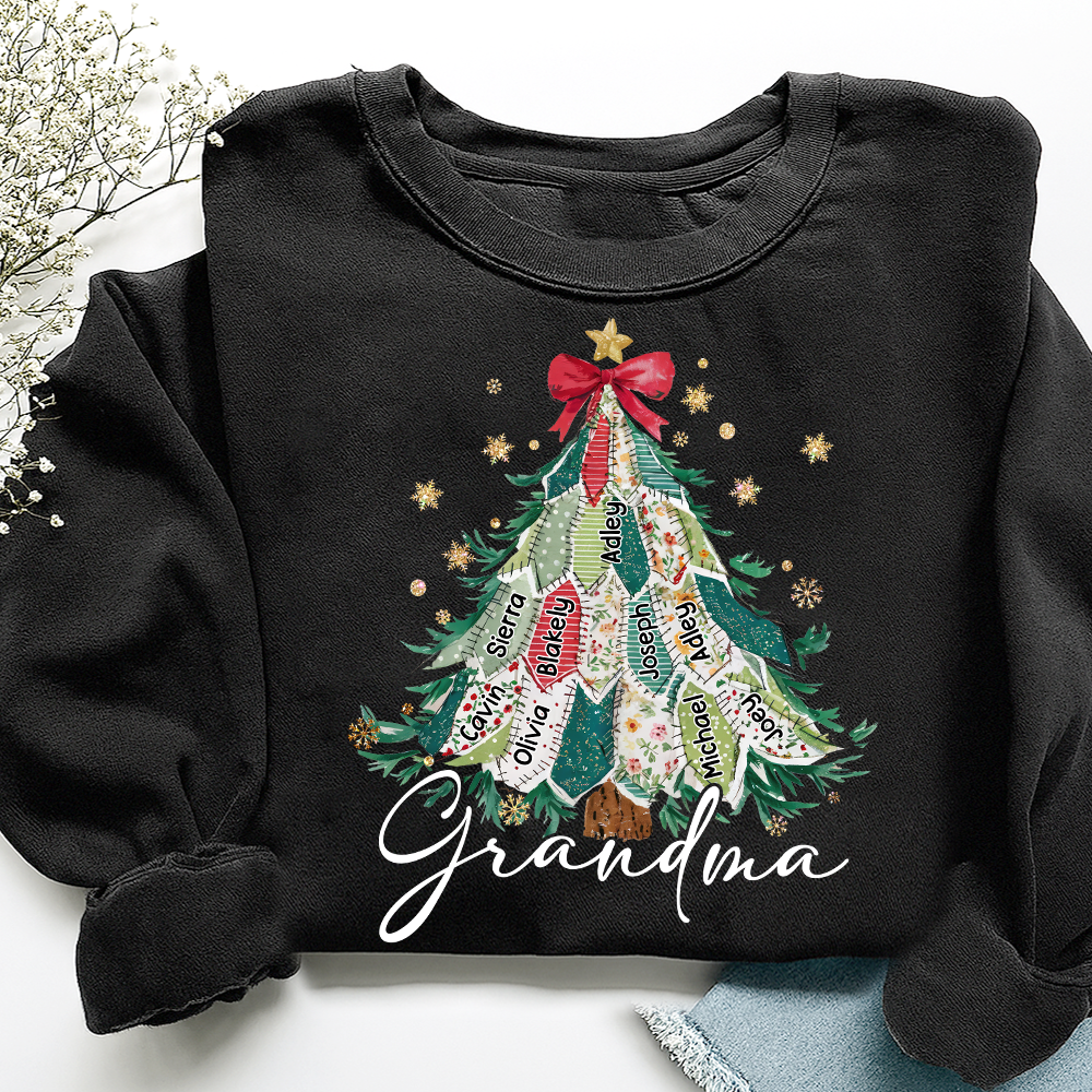 Personalized Grandma Christmas Sweatshirt, Custom Name Tree Ribbon Holiday Shirt