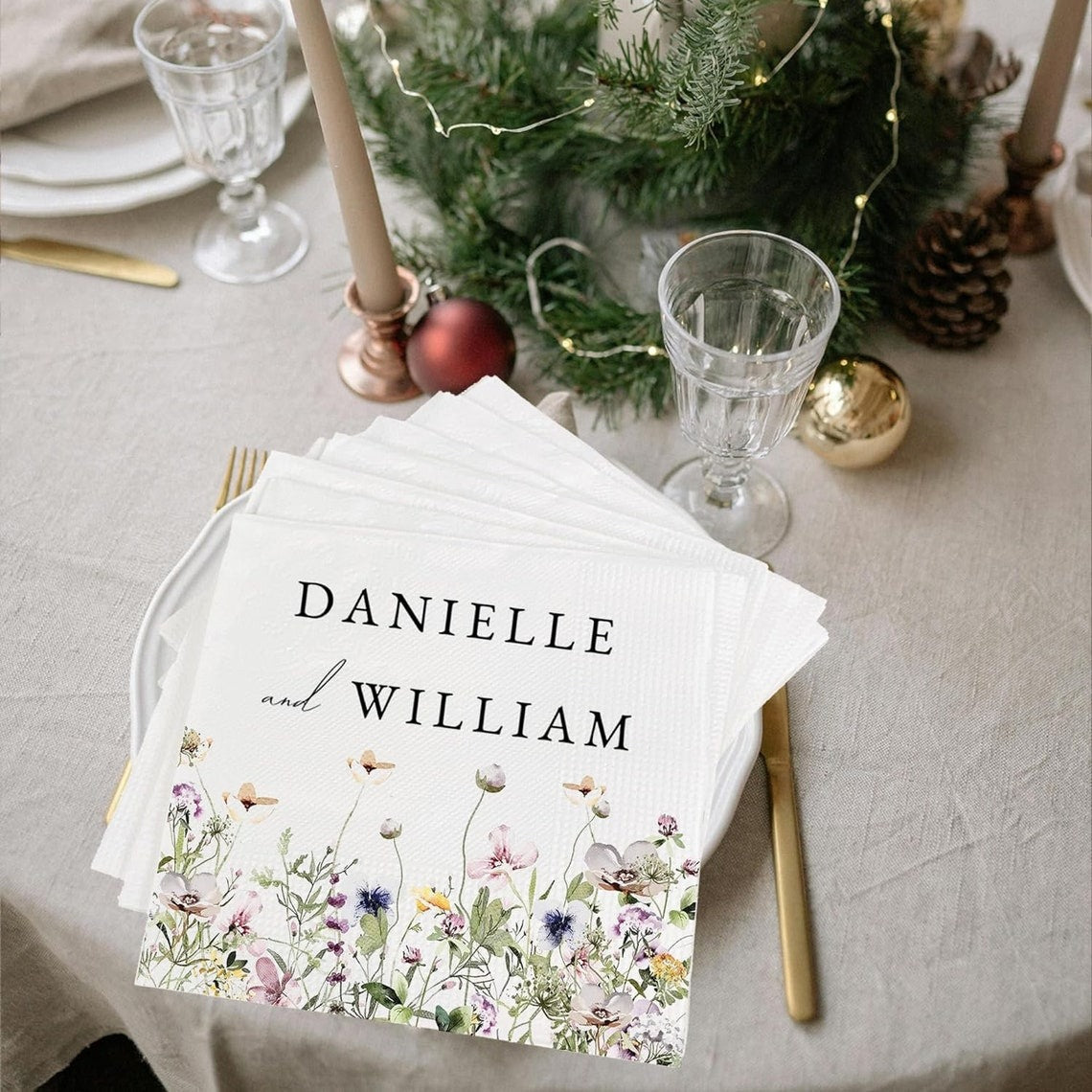 Personalized Wedding Napkins | Custom Wedding Napkins | Flower Border Cocktail Napkin | Save The Date Dinner Bridal Shower Engagement Party