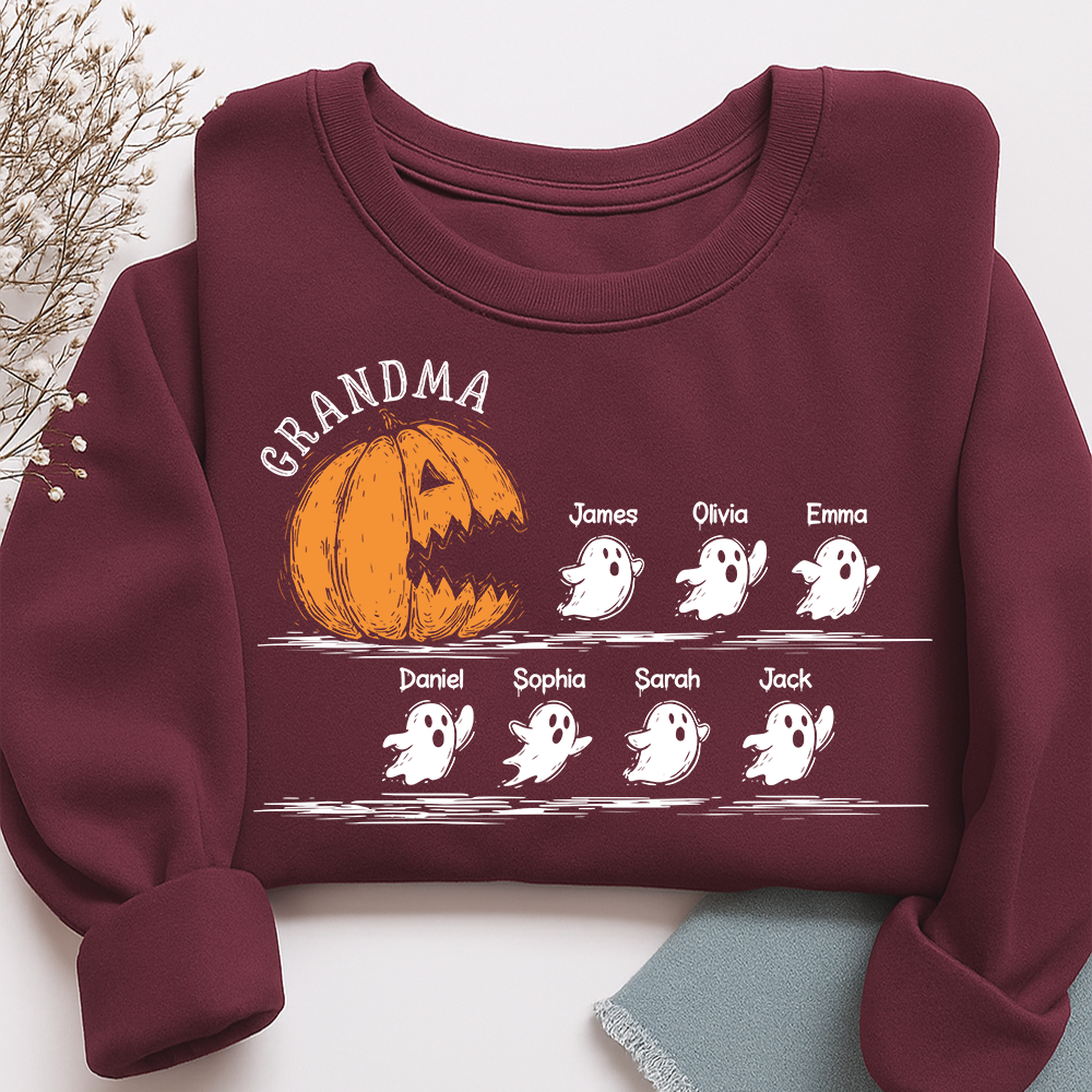 Personalized Grandma Halloween Shirt, Pumpkin And Ghosts Shirt With Grandkids Names