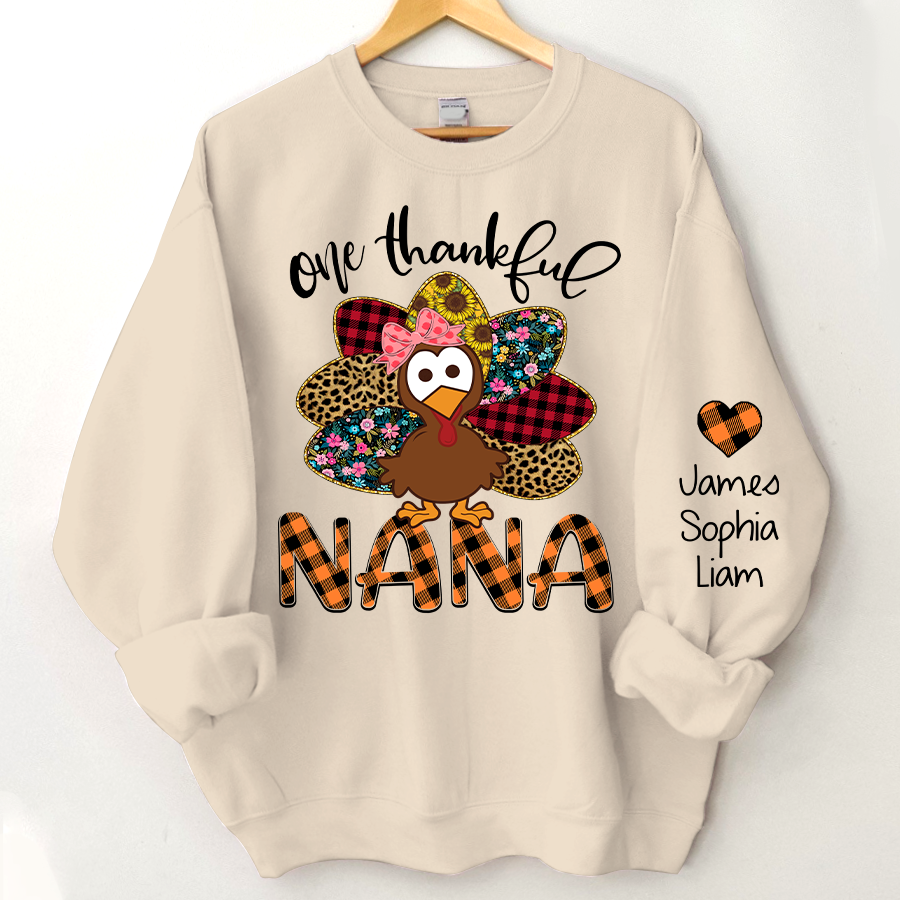Personalized One Thankful Grandma Turkey Cute Sweatshirt, Custom Grandma and Grandkids Sweatshirt