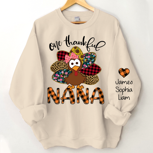 Personalized One Thankful Grandma Turkey Cute Sweatshirt, Custom Grandma and Grandkids Sweatshirt