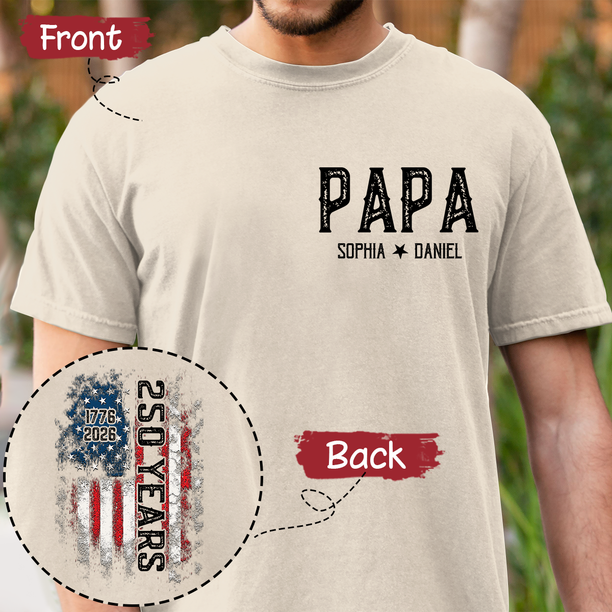 Personalized Family T Shirt for Papa, American Flag Design, Custom Family Names, 250th Anniversary Patriotic Gift