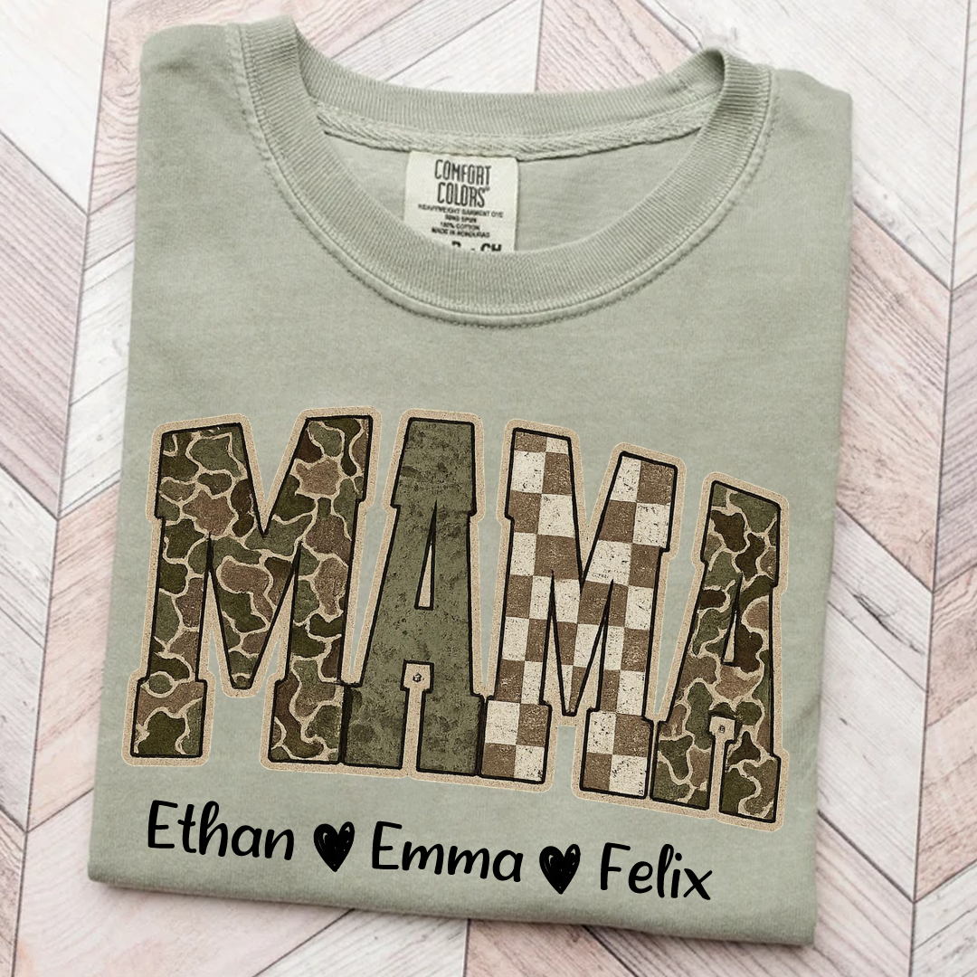 Personalized Camo Mama Shirt - Hunting Style Tee with Custom Kids Names