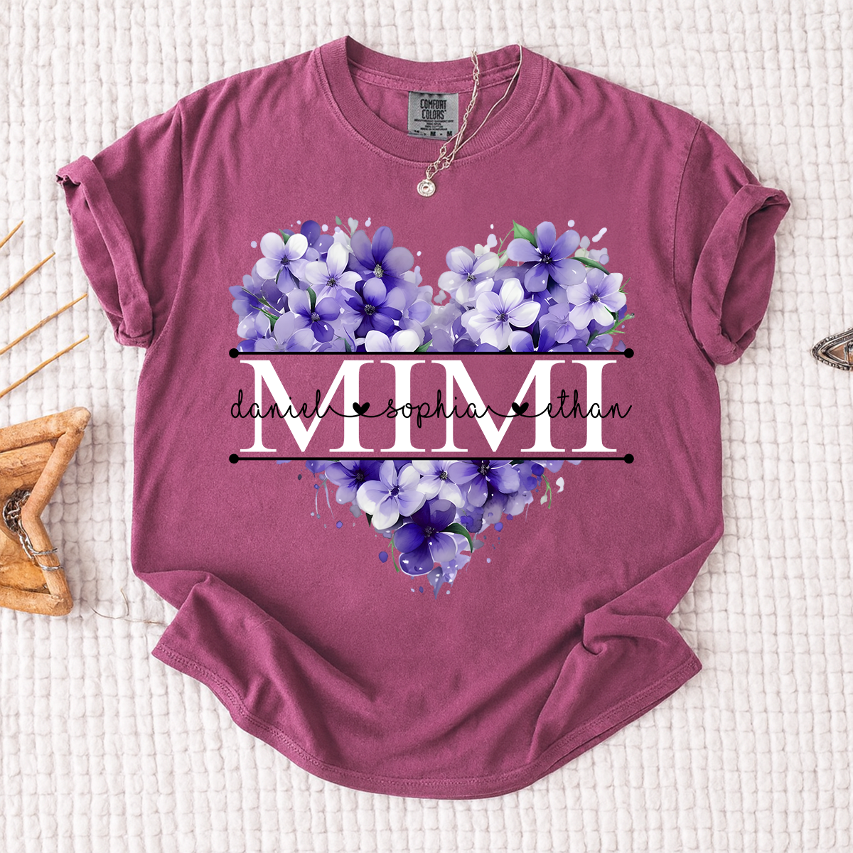 Comfort Colors Personalized MIMI T Shirt, Custom Family Names with Purple Floral Heart Design, Perfect Gift for Mimi