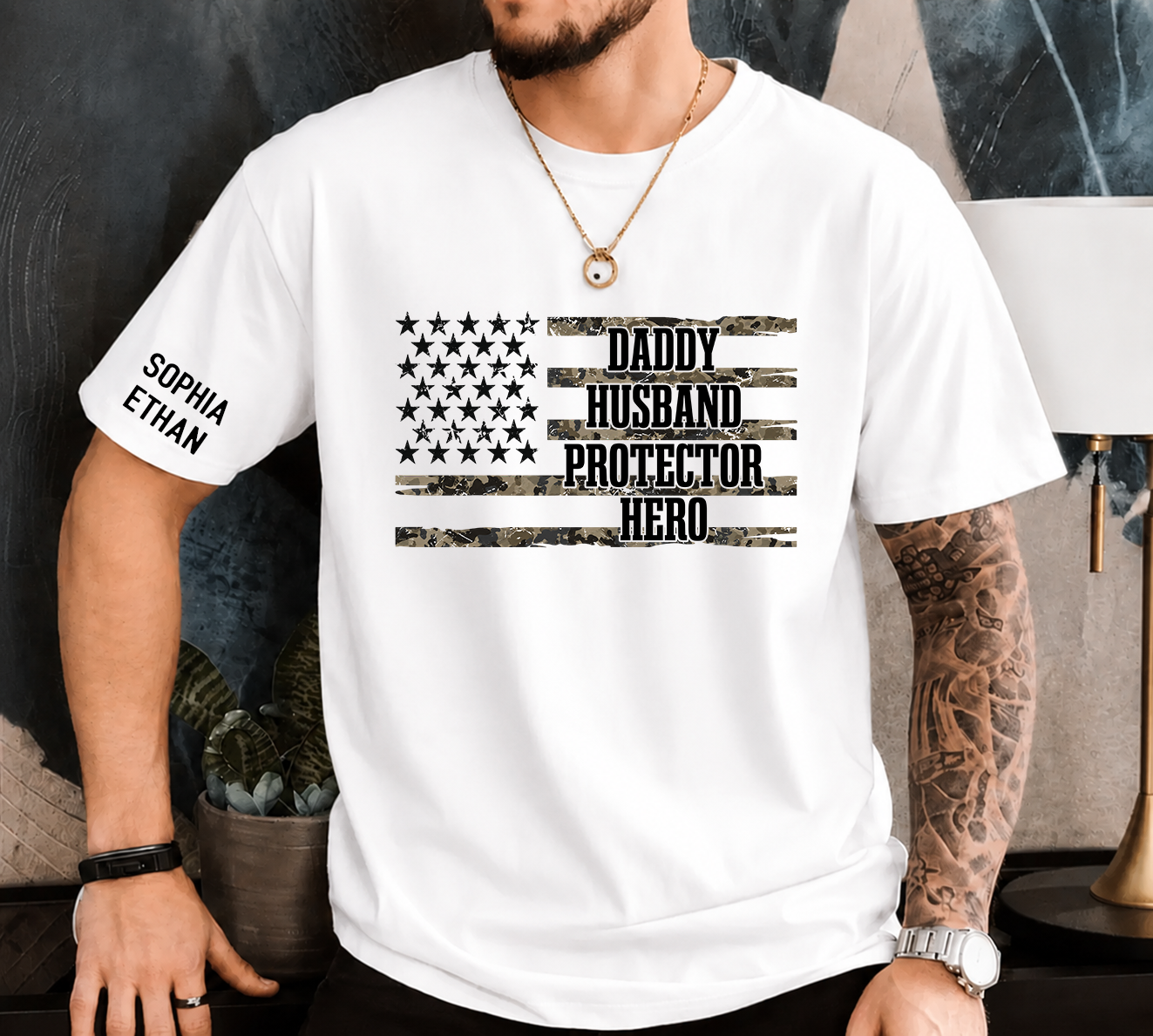 Custom Daddy Husband Protector Hero Shirt, Personalized Dad Shirt with Kids Names, Camo USA Flag Father’s Day Gift
