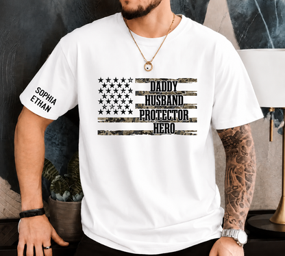 Custom Daddy Husband Protector Hero Shirt, Personalized Dad Shirt with Kids Names, Camo USA Flag Father’s Day Gift