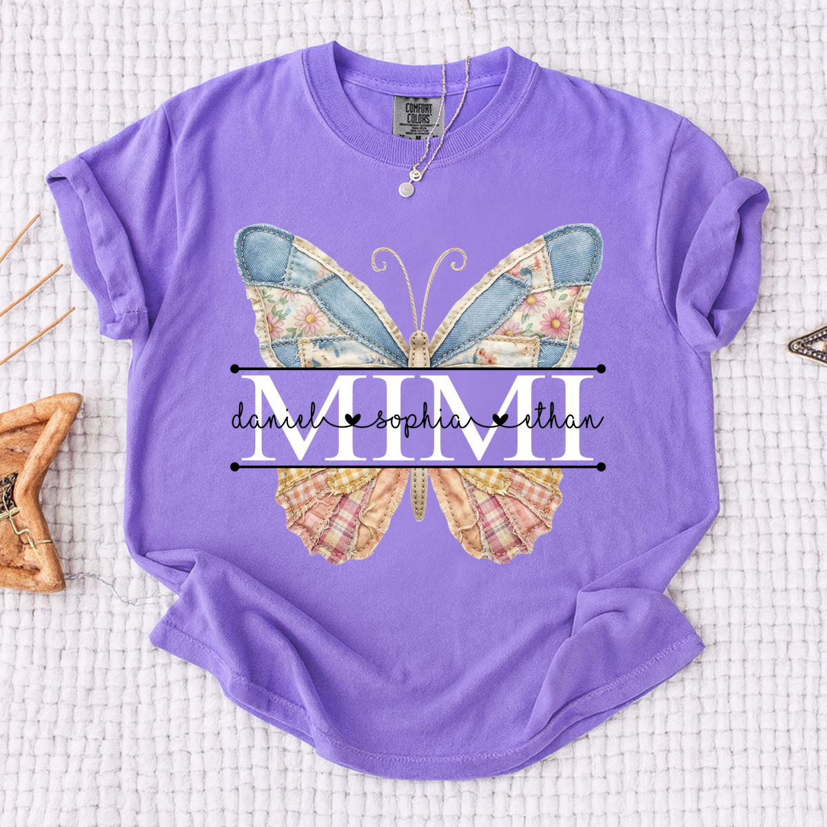 Comfort Mimi Patchwork Butterfly Shirt, Custom Grandkids Names with Floral Family Design Tee