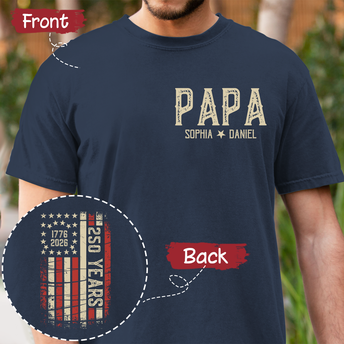 Personalized Papa Shirt, Custom Family Names T Shirt, 250th Anniversary American Flag Design, Patriotic Gift for Papa