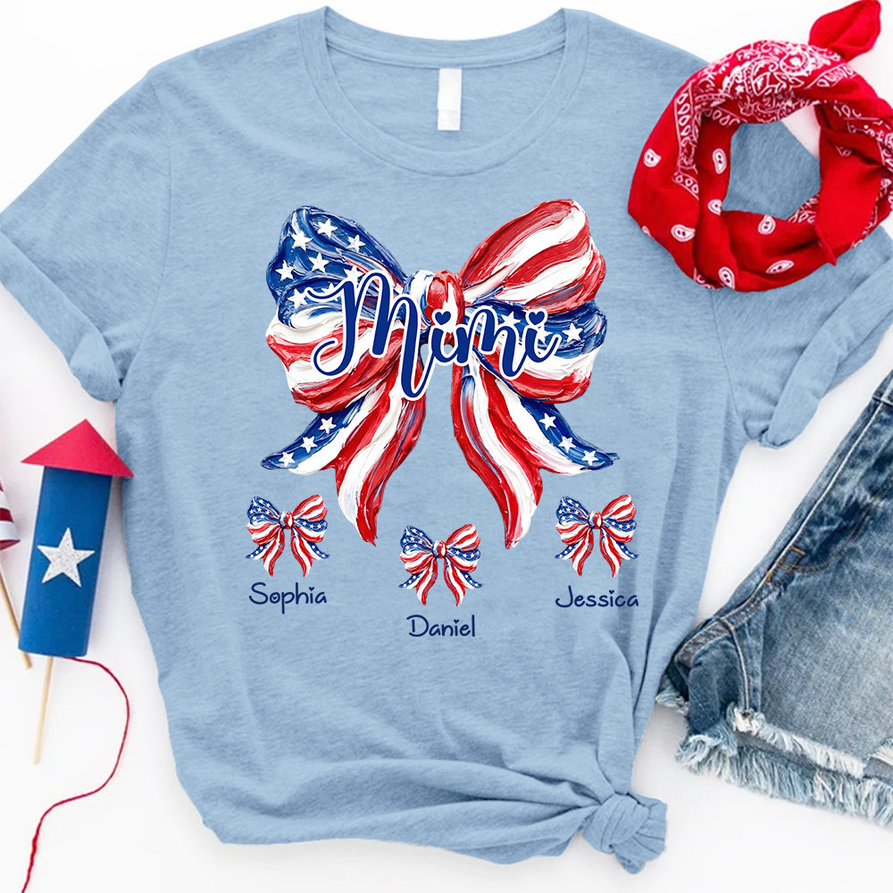 Patriotic Mimi Shirt for Grandma, Custom USA Flag Bow Tee, Personalized Family Names Summer Holiday Gift