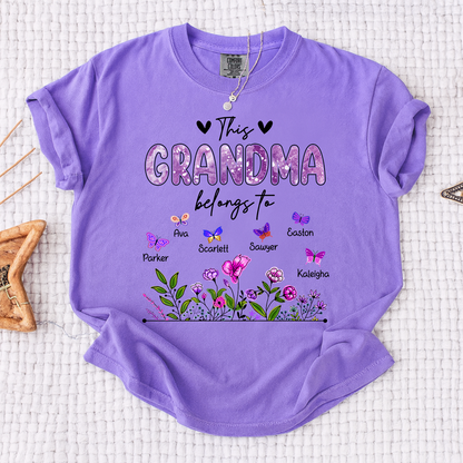 Comfort Colors® This Grandma Belongs To Tee, Custom Grandma Shirt with Grandkids Names, Floral Garden Theme, Meaningful Family Apparel