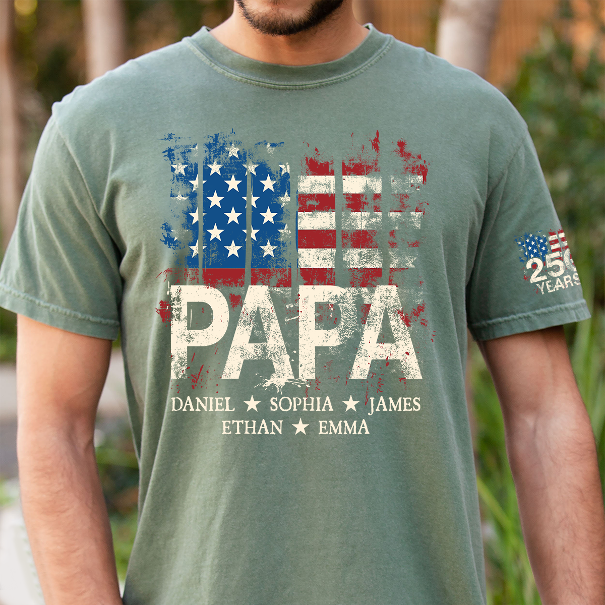 Custom Papa Shirt, 250th Anniversary USA Flag Design, Personalized with Grandkids Names, Patriotic Gift