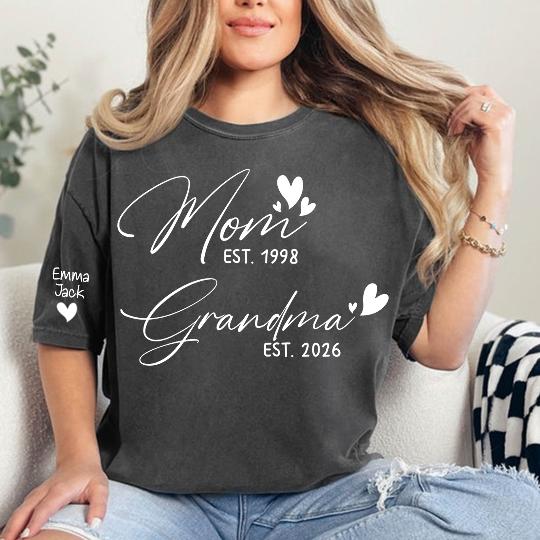 Personalized Mom and Grandma T-Shirt, Custom EST Year T-Shirt with Heart Design for Family