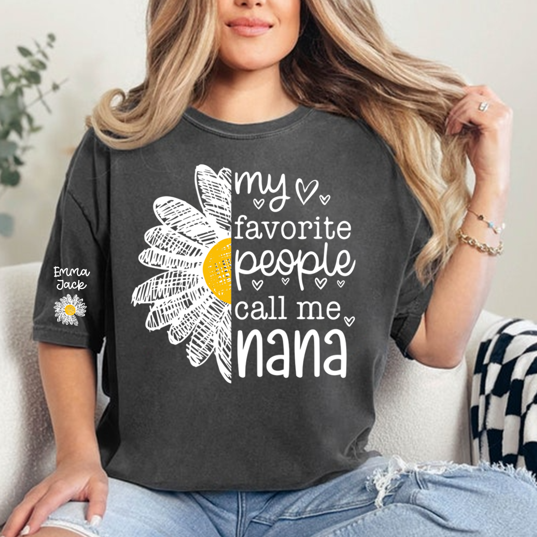 Personalized Nana Floral Shirt with Daisy and Sun Graphics, Custom Grandkids Names