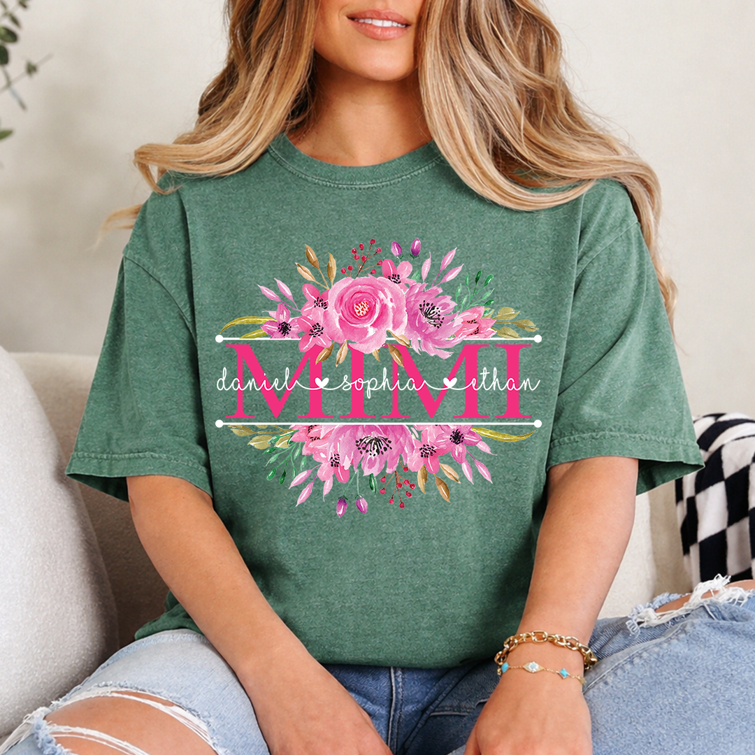Custom Mimi T Shirt, Grandkids Names with Floral Rose Design Family Gift