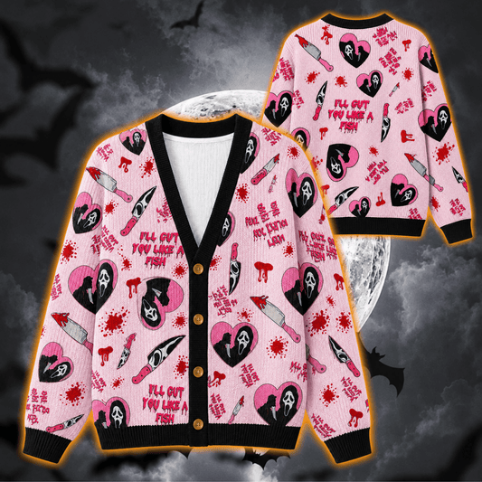 Ghostface Pink Halloween Cardigan Sweater – Cute Horror Knit Button-Up Cardigan, Spooky Coquette Goth Halloween Sweater for Women