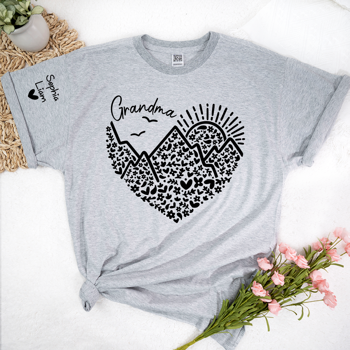 Personalized Grandma Mountain Heart Shirt, Custom Grandma T Shirt with Kids Names on Sleeve, Floral Family Gift for Women