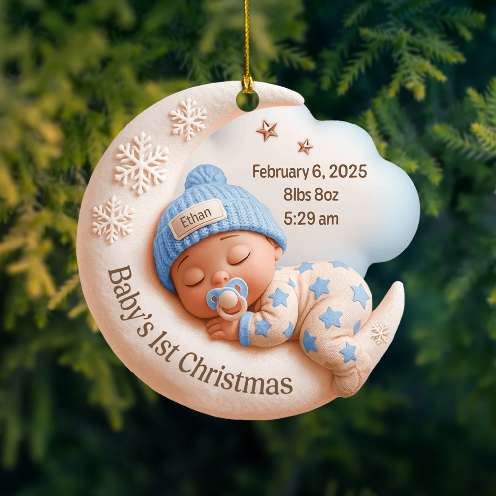 Personalized Baby’s First Christmas Ornament 2025 – Custom Name & Birth Stats Moon Design Keepsake Ornament