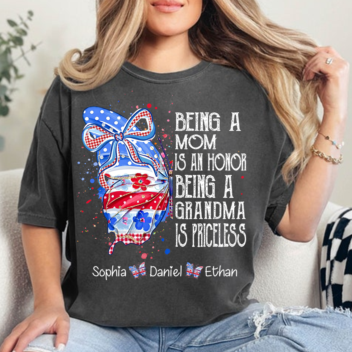 Custom Lovely Butterfly Bow Design With The American Flag, A Personalized Gift For Mom On Independence Day, July 4th