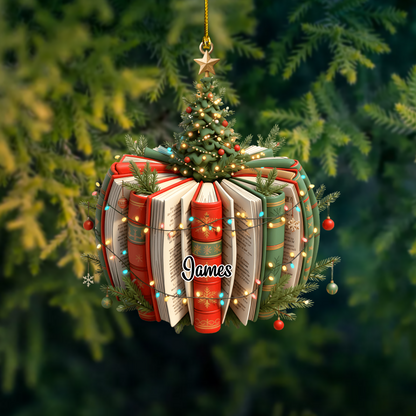 Personalized Book Ornament 2025 – Custom Name Christmas Ornament with Books and Tree, Perfect Gift for Book Lovers & Readers Ornament