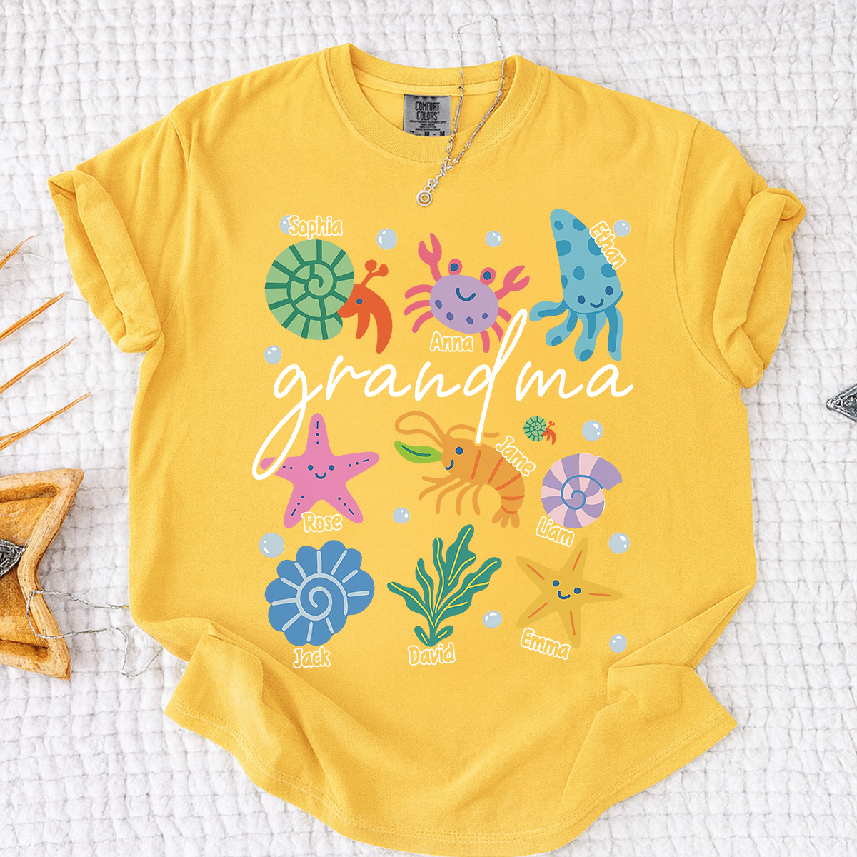 Comfort Colors® Personalized Grandma Sea Animals Shirt, Custom Grandkids Names Tee, Coastal Grandma Ocean Life T Shirt, Beach Gift for Grandma