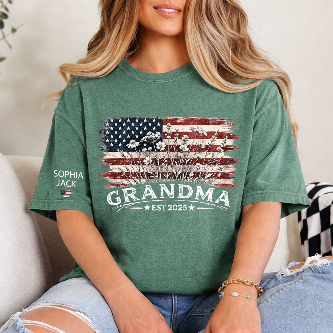 Personalized Grandma Est 2025 Shirt, Custom Nana Mimi Gigi Grandma Tee With Kids Names On Sleeve, Patriotic Floral American Flag Shirt Family Grandkids Gift U.S. 250th Anniversary Apparel