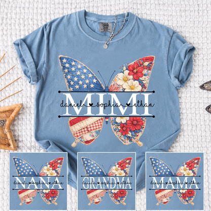 Comfort Personalized Mimi Shirt with Grandkids Names, American Flag and Flower Butterfly Design