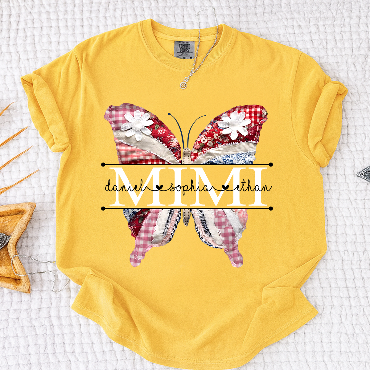 Comfort Personalized Mimi Shirt with Grandkids Names, Colorful Patchwork Butterfly Design Family Tee