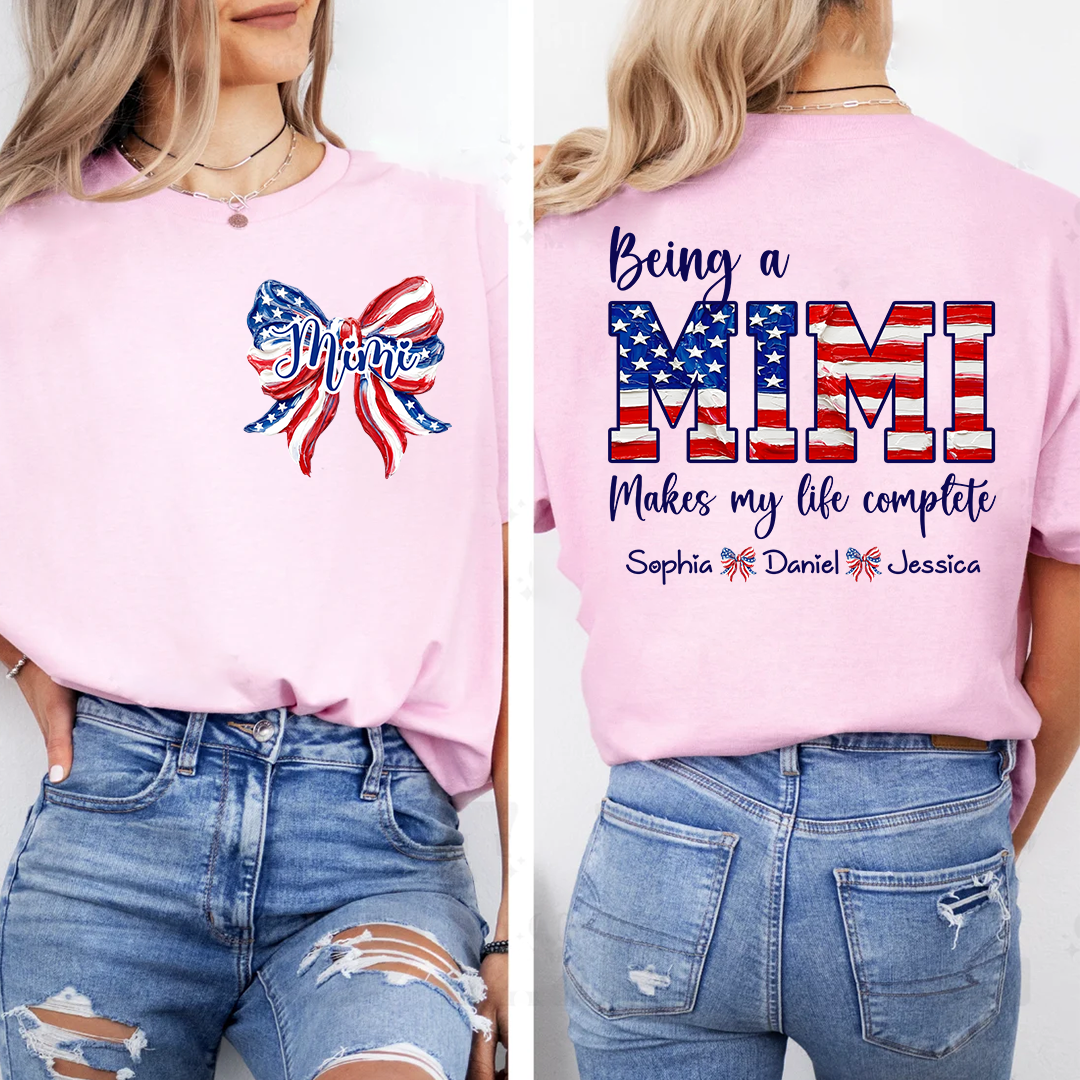 Personalized Mimi Patriotic Shirt, Being a Mimi Tee with Kids Names, American Flag Bow Graphic Gift