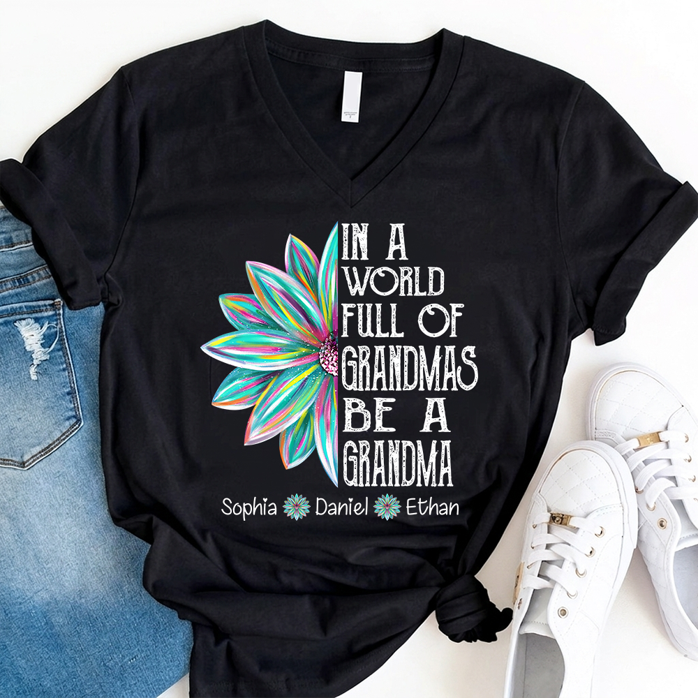 In A World Full Of Grandmas Be A Mimi Shirt, Personalized Mimi T Shirt with Grandkids Names V-Neck