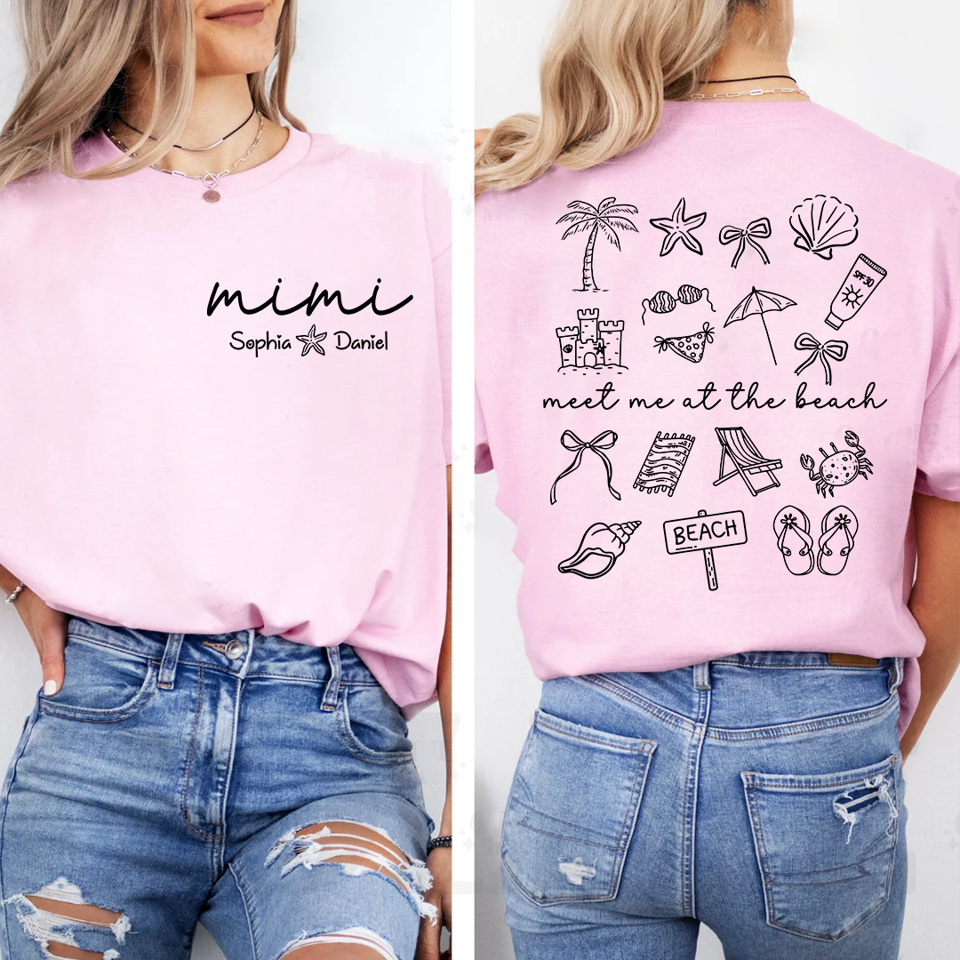 Personalized Mimi Beach Shirt with Grandkids Names, Meet Me at the Beach Back Print Tee, Custom Coastal Summer Gift for Grandma