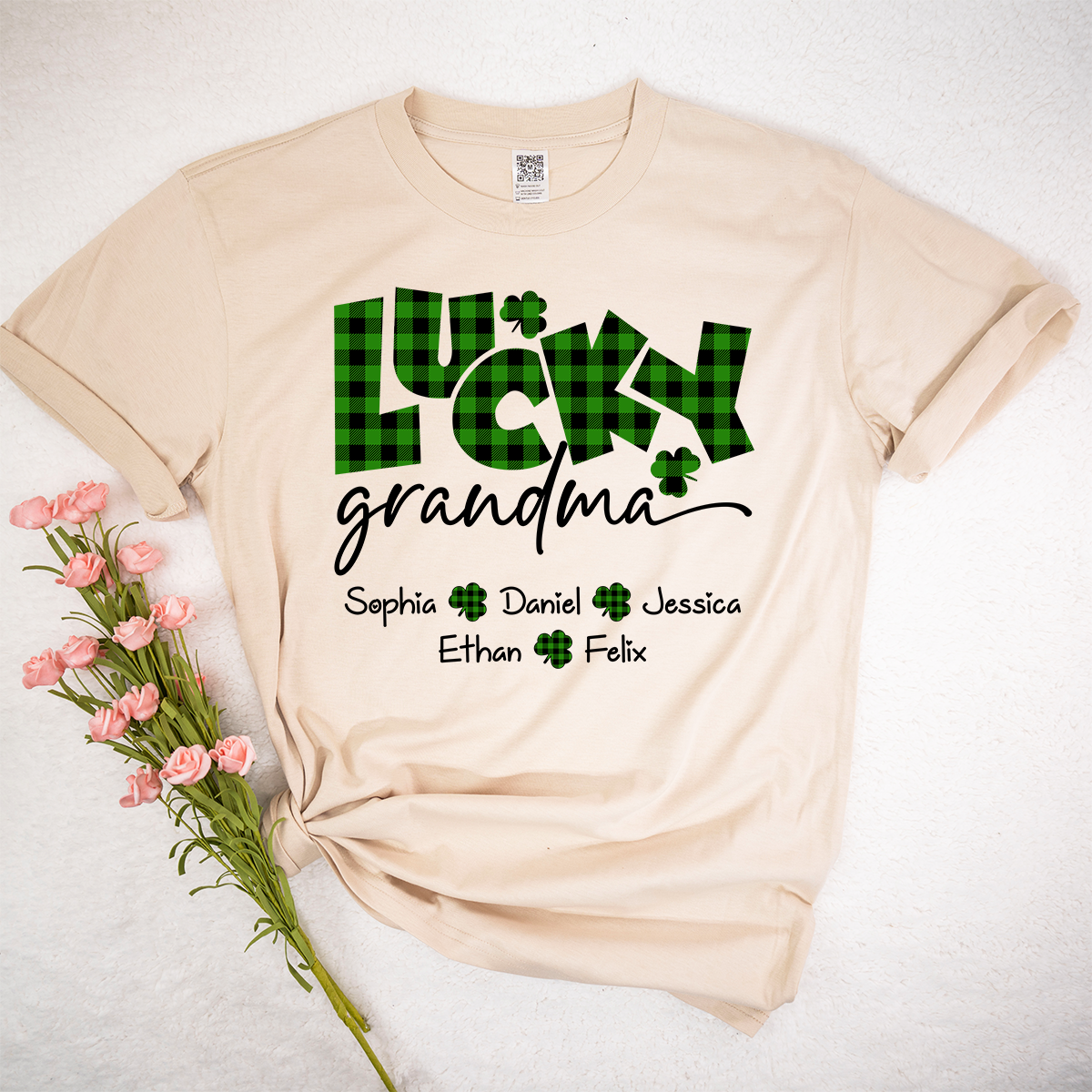 Lucky Grandma Personalized Shirt Clover Shamrock Artwork Custom Family Names St Patrick’s Day Celebration Tee