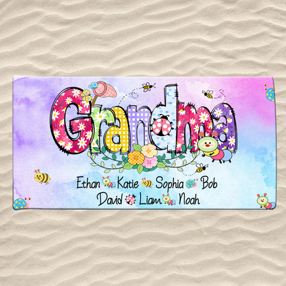 Personalized Summer Beach Towels, Flowers Gifts Grandma, Custom Nickname And Kids, Summer Beach Towels