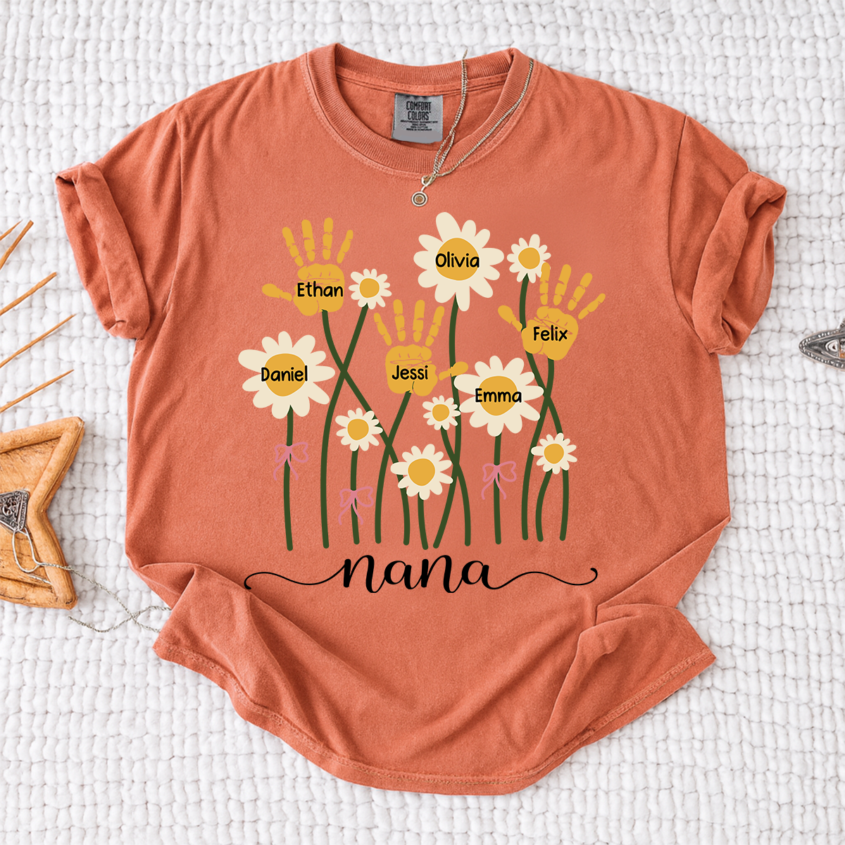 Comfort Colors Personalized Nana Shirt, Custom Handprint Daisy Flower Design, Grandkids Names Tee, Mother's Day Gift for Nana