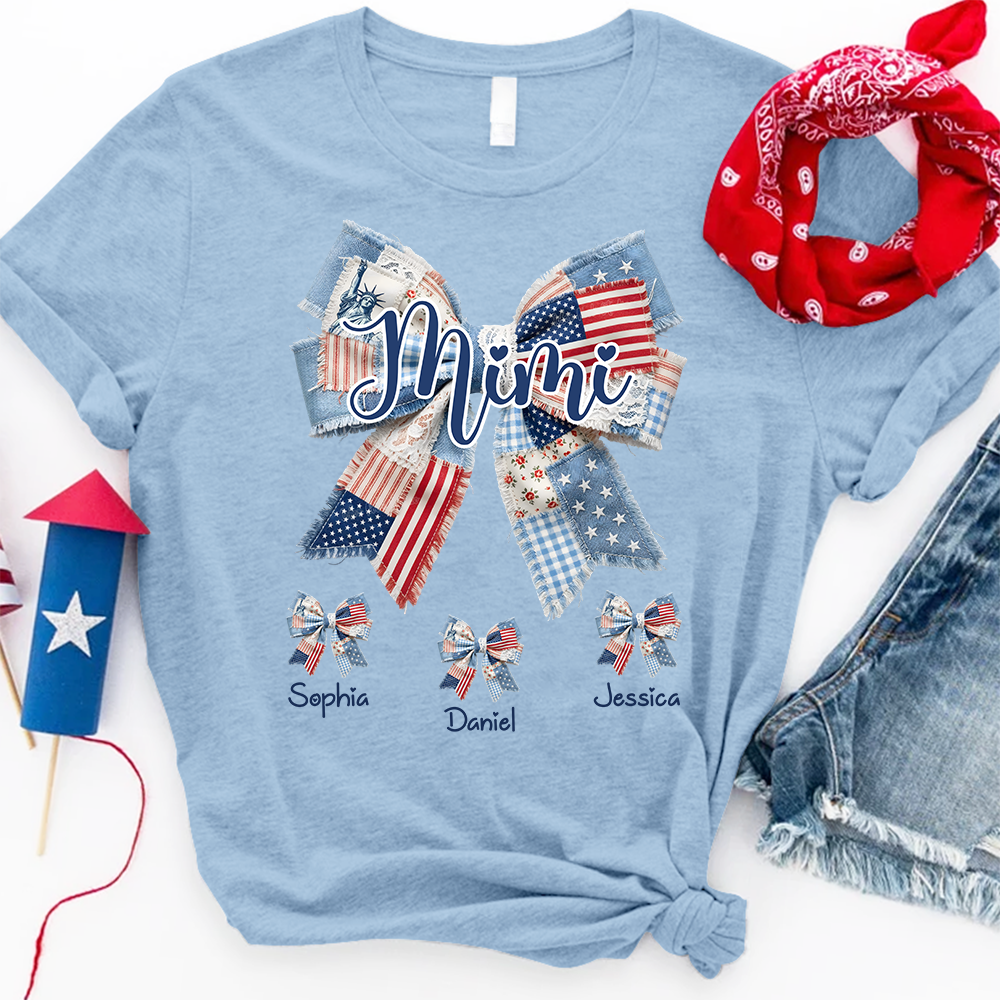 Custom Mimi Tee with Children’s Names, Patriotic Patchwork Bow Shirt, Perfect Gift for Grandma Holidays or Birthday