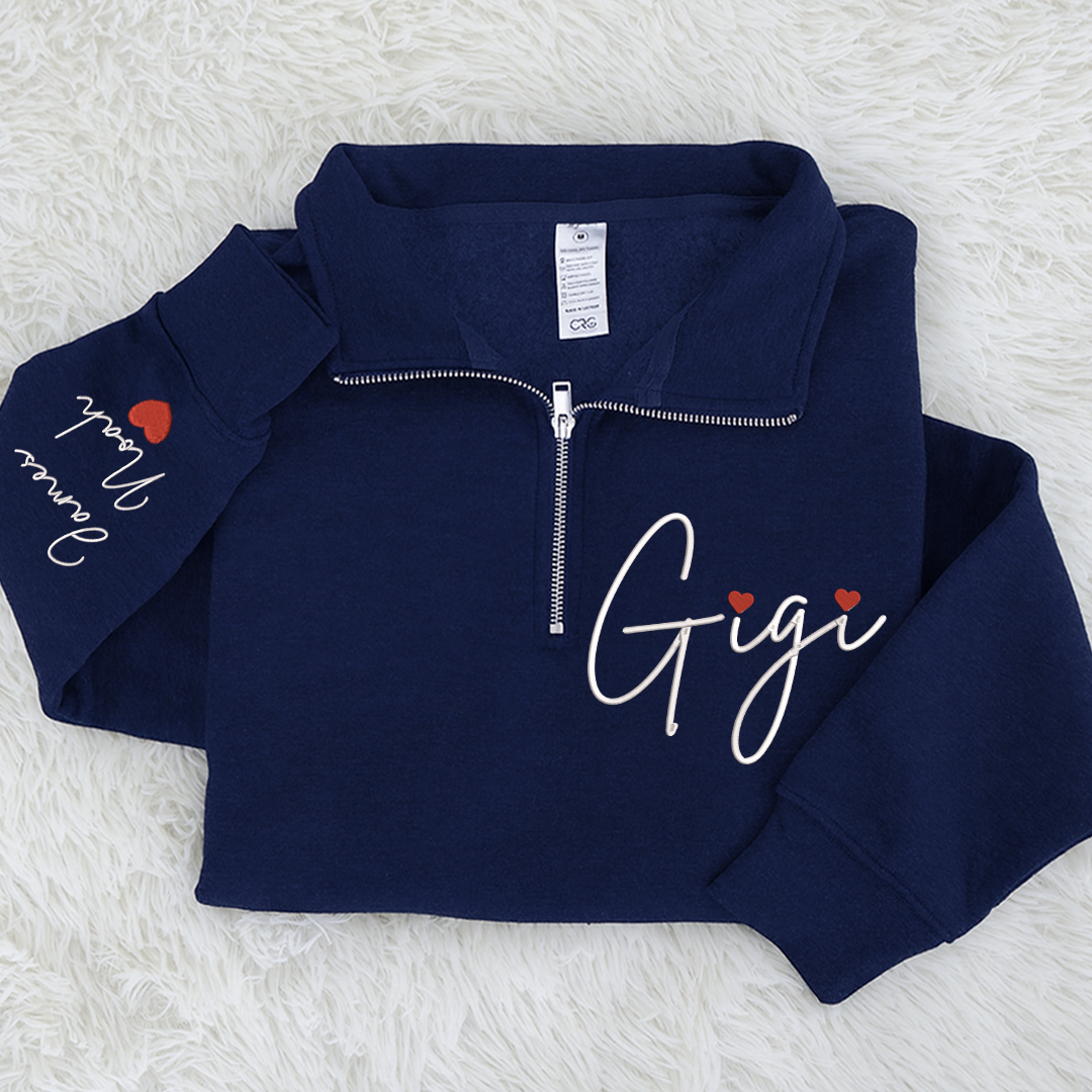 Gigi Heart Embroidered Quarter Zip, Personalized Name Sweater for Grandma