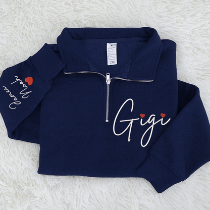 Gigi Heart Embroidered Quarter Zip, Personalized Name Sweater for Grandma