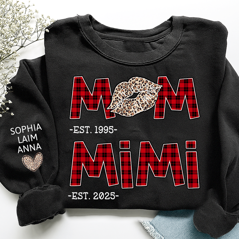 Personalized Mom Mimi Sweatshirt, Custom Leopard Lips Plaid Letters
