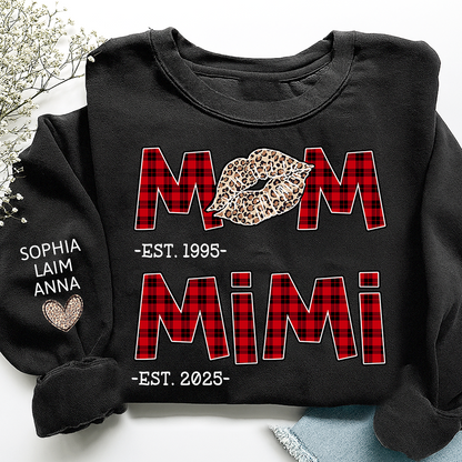 Personalized Mom Mimi Sweatshirt, Custom Leopard Lips Plaid Letters