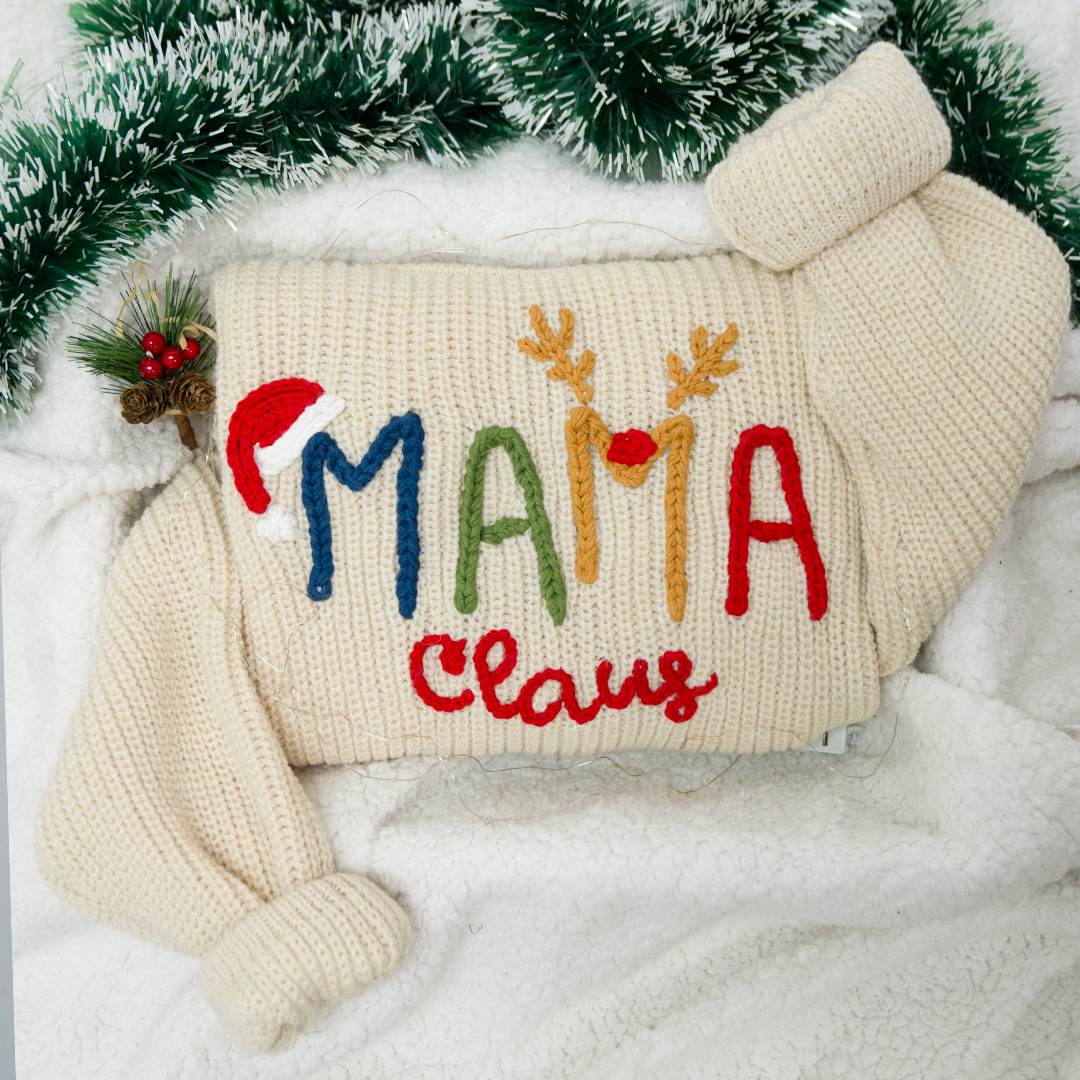 Custom Hand-Embroidered Christmas Knitted Sweater – Personalized Mama Claus Sweater with Festive Design