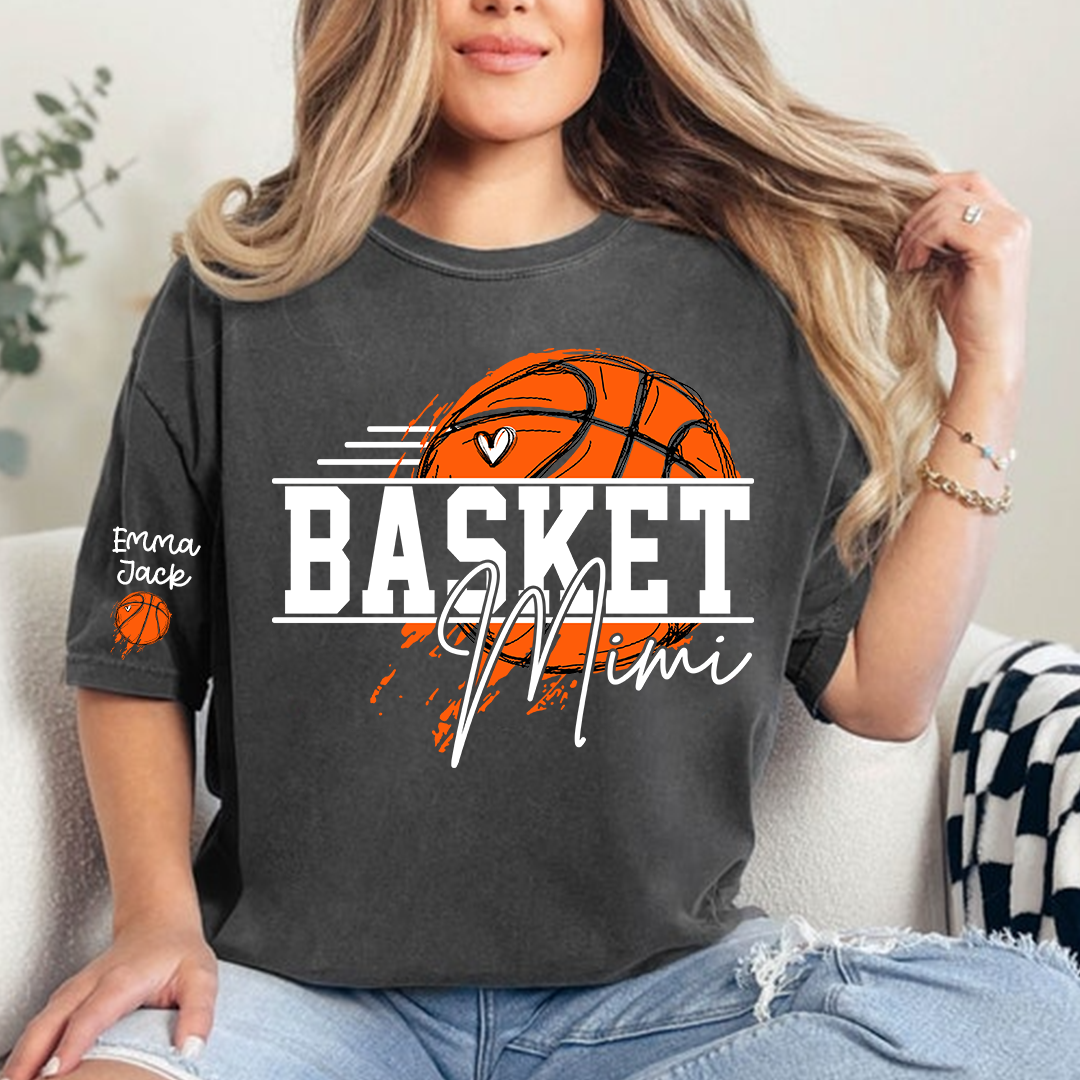 Basketball Mimi Shirt, Custom Grandkids Names with Basketball Hoop Design Family Tee