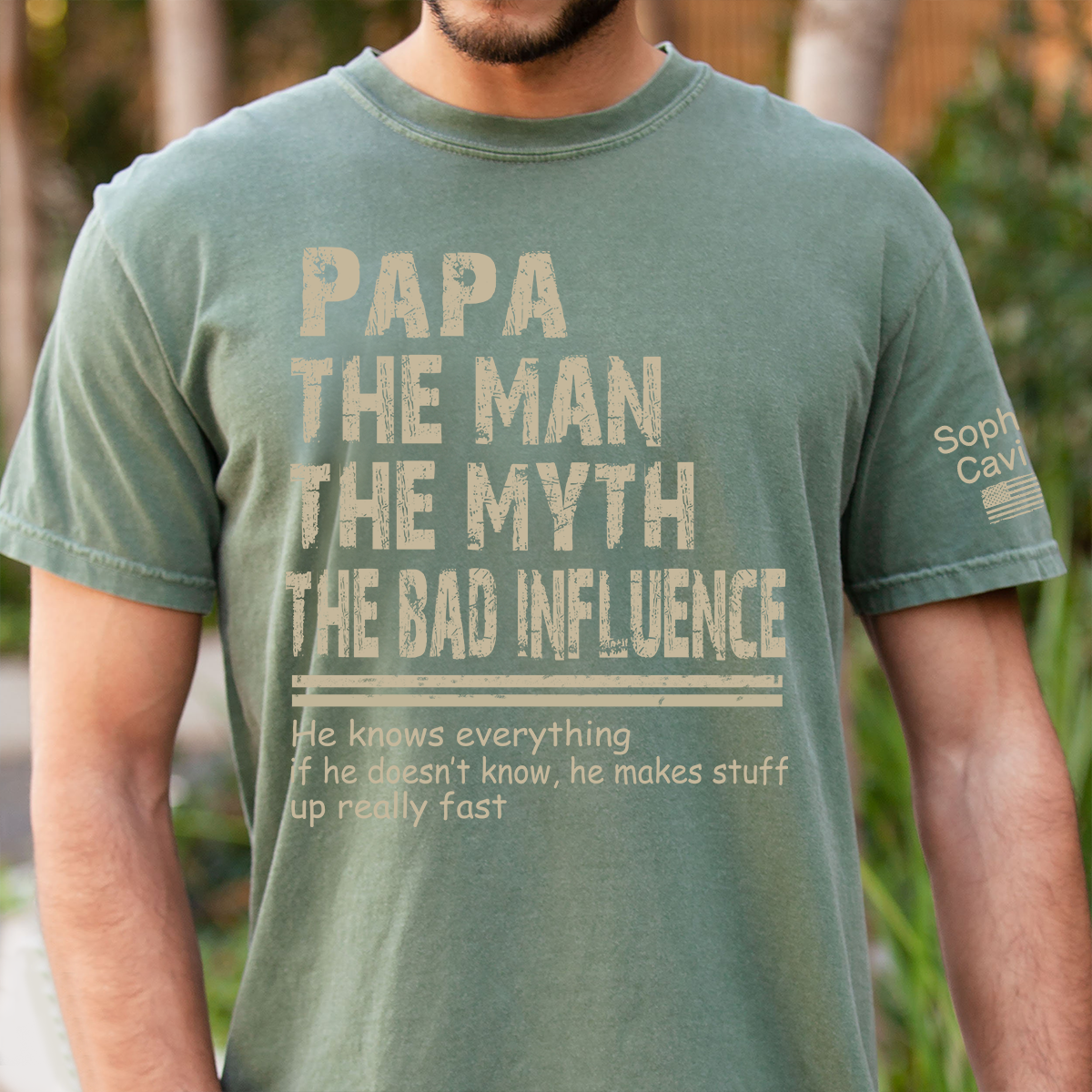 Papa The Man The Myth The Bad Influence Shirt, Funny Dad Grandpa Tee, Personalized Papa Shirt with Name on Sleeve, Gift for Father