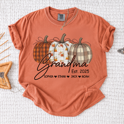Comfort Colors® Personalized Grandma Pumpkin Tee, Custom Fall Shirt with Grandkids Names