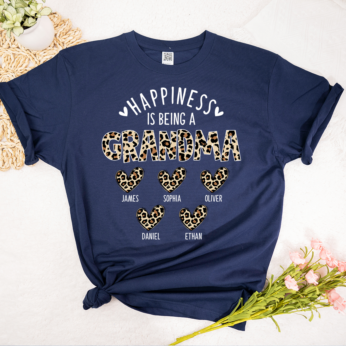 Happiness Is Being a Grandma Tee, Custom Grandma Shirt with Grandkids Names, Leopard Print Hearts Design
